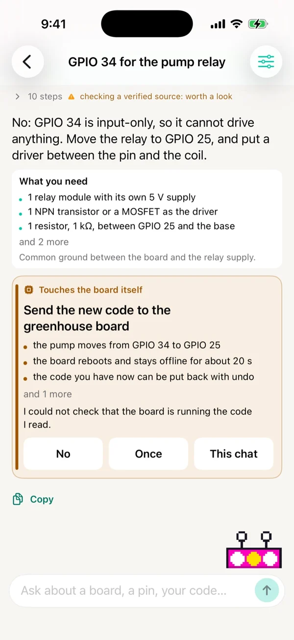 A chat with Archimedes: it explains that GPIO 34 is input only, moves the pump relay to GPIO 25, lists what you need, and asks before sending new code to the board.