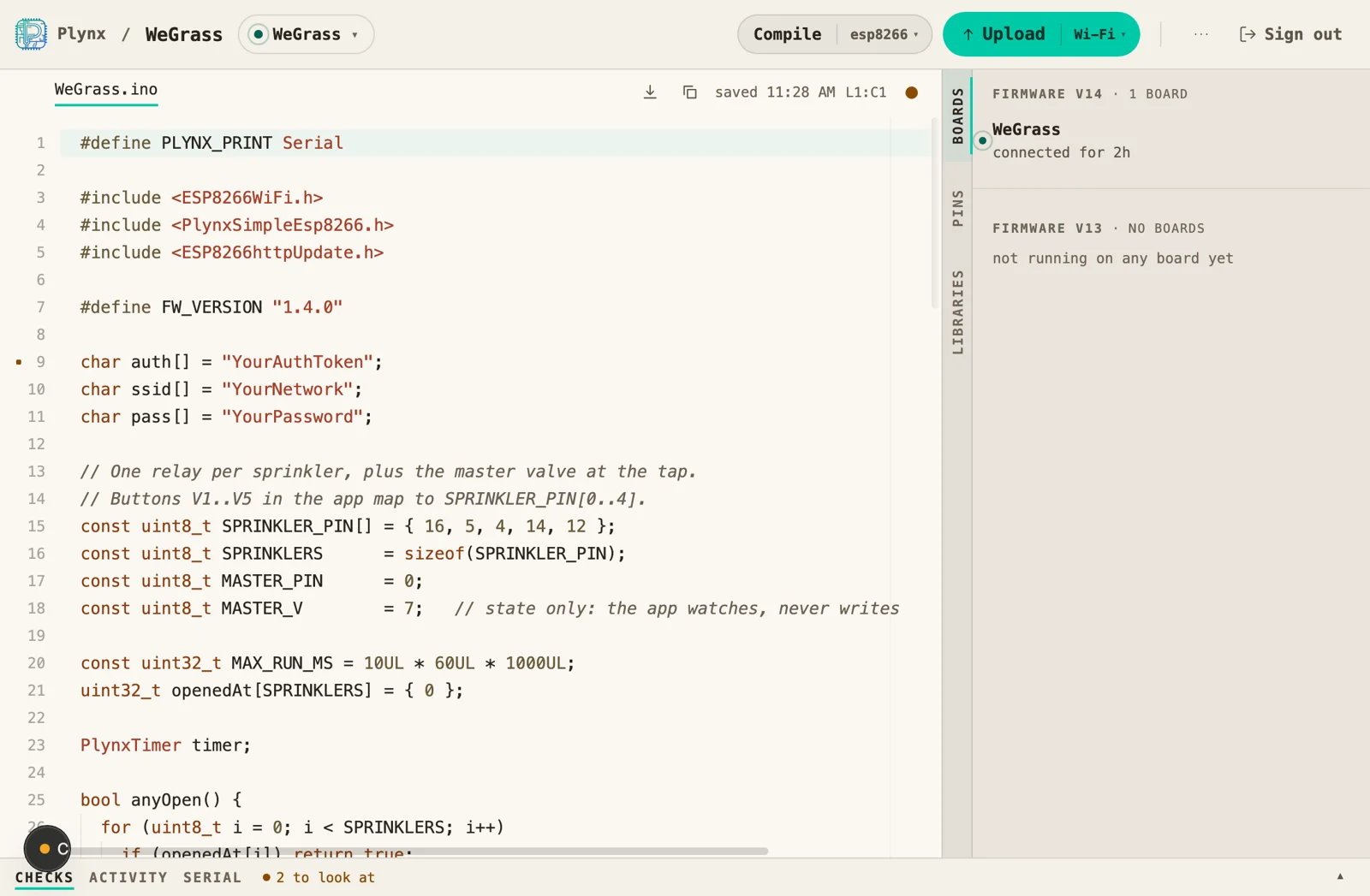The Plynx editor in a browser: an ESP8266 sprinkler sketch on the left, Compile and Upload over Wi-Fi at the top, and firmware versions with the connected board on the right.